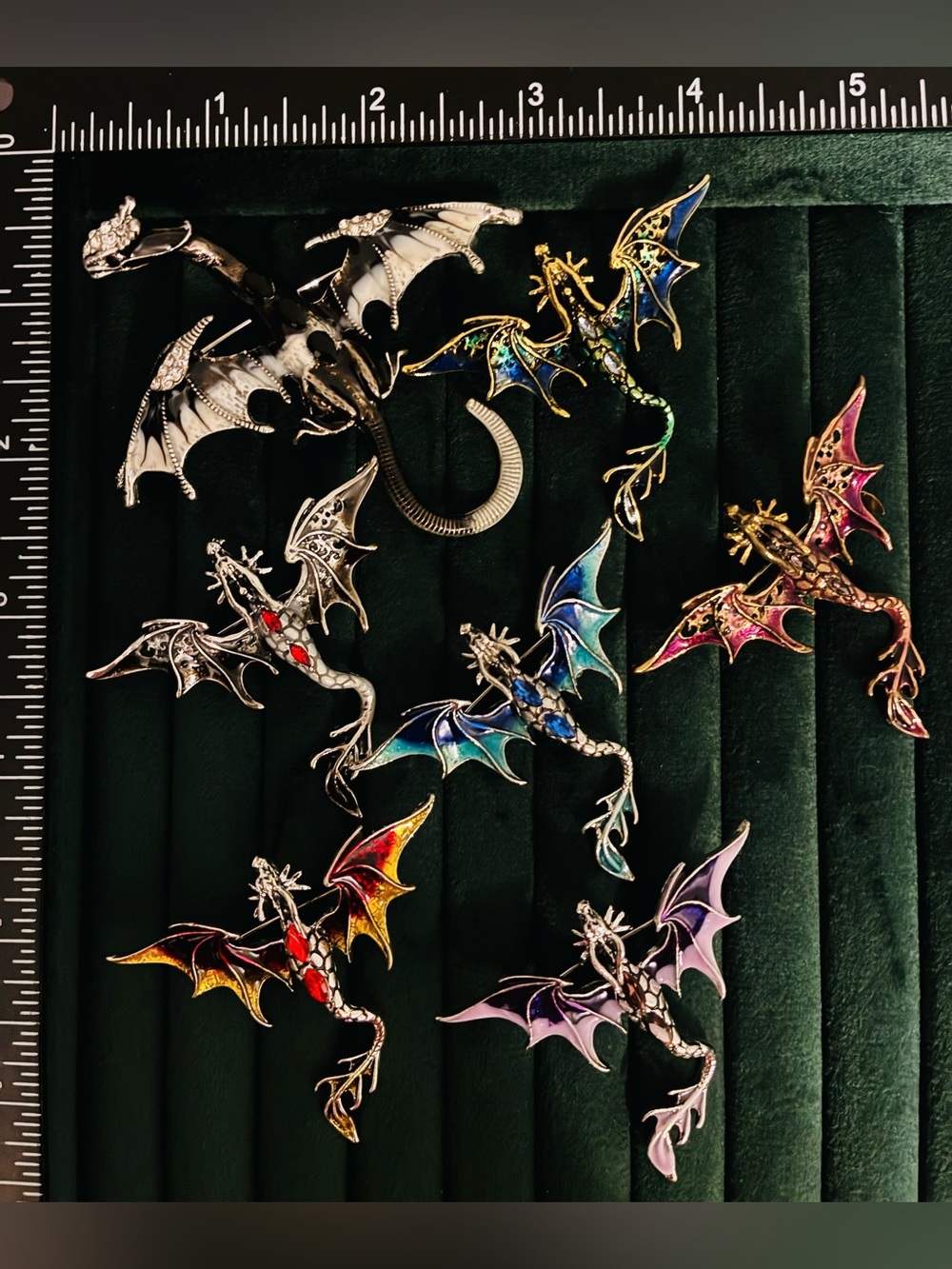 Lot of 7 Dragon Brooches Pins Fantasy Gothic Enamel Rhinestone Flying Jewelry